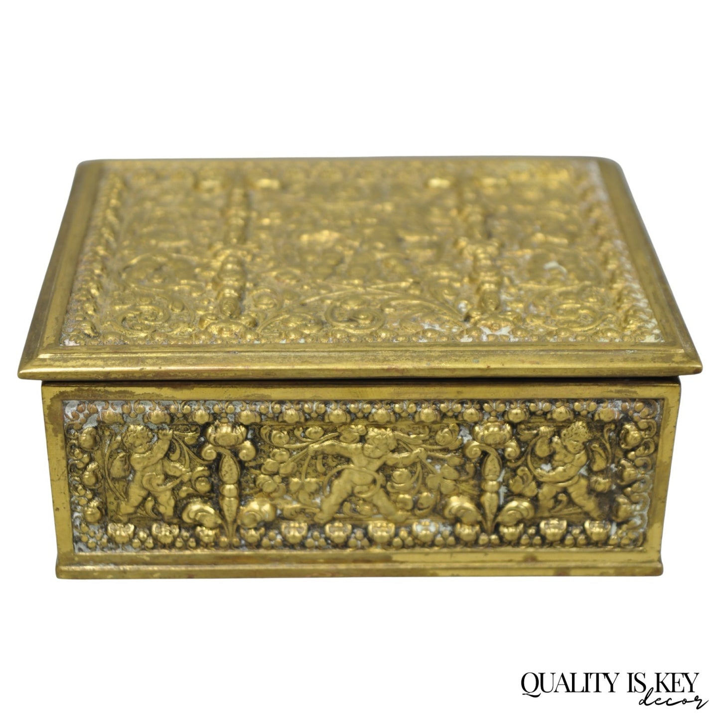 Antique Louis XV Style Brass Bronze Cherub Vanity Jewelry Tobacco Box Humidor