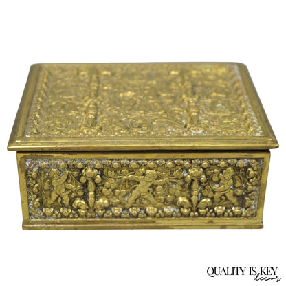 Antique Louis XV Style Brass Bronze Cherub Vanity Jewelry Tobacco Box Humidor