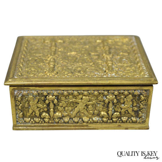 Antique Louis XV Style Brass Bronze Cherub Vanity Jewelry Tobacco Box Humidor