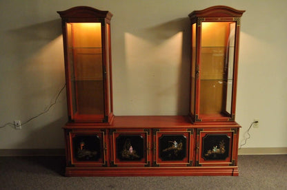 Vintage Jasper Oriental Chinoiserie Red Display China Cabinet Curio Credenza