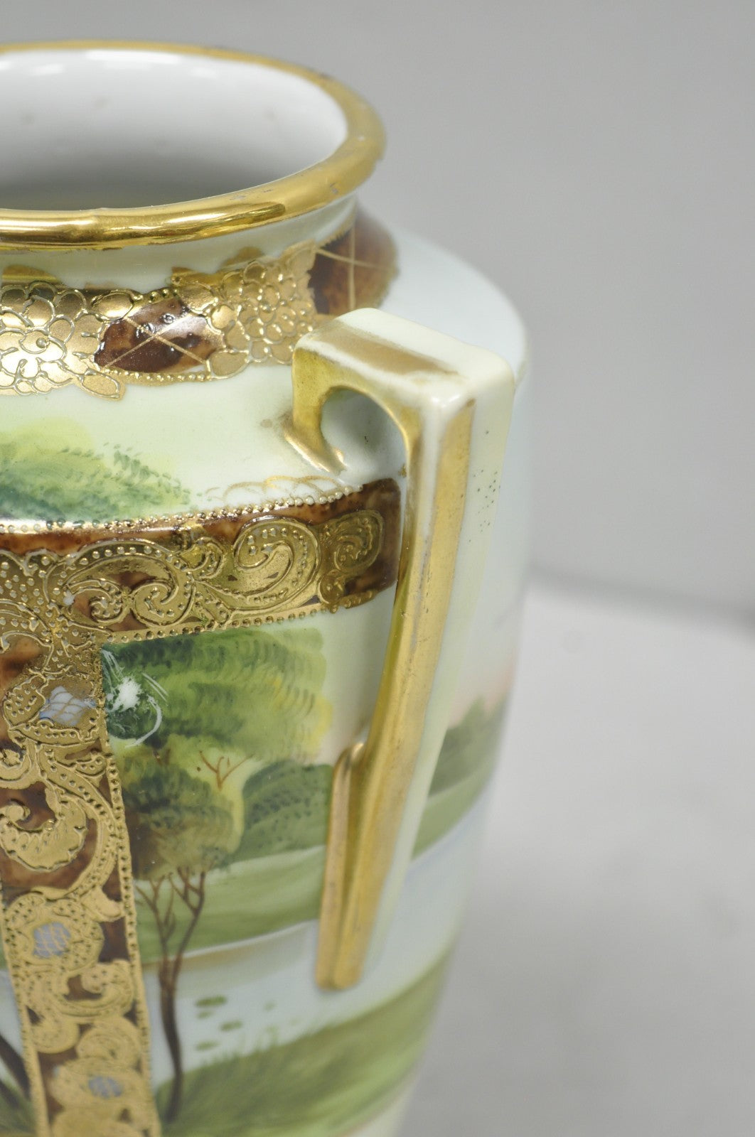Antique Nippon Hand Painted Porcelain Twin Handled Vase w/ Swan & Lake Scene