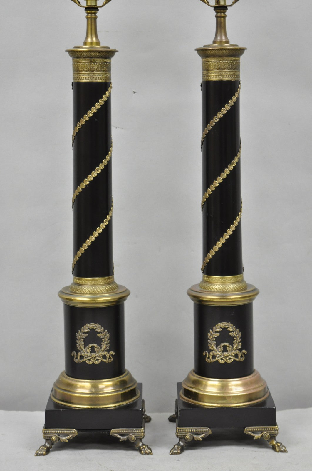 Vintage French Empire Style Black Column Brass Ormolu Bouillotte Table Lamp Pair