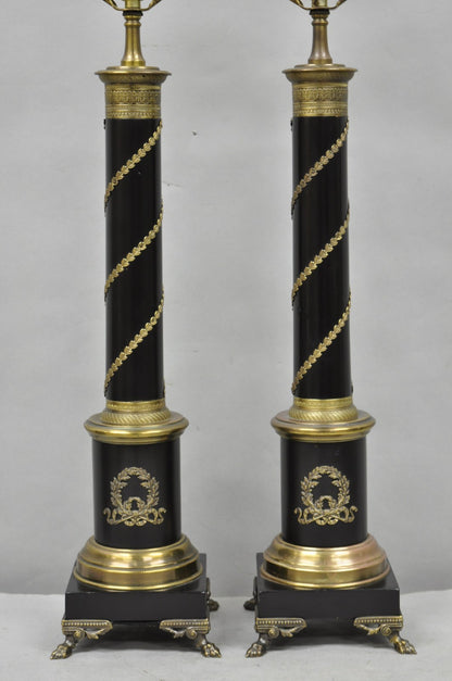 Vintage French Empire Style Black Column Brass Ormolu Bouillotte Table Lamp Pair