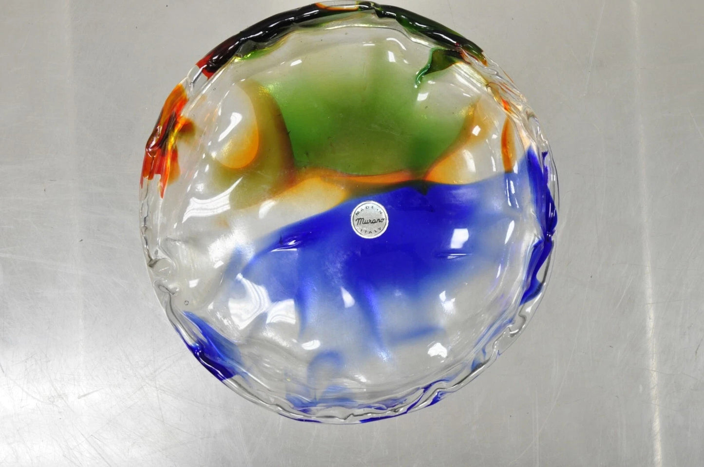 Vintage Mid Century Modern Italian Murano Blue Green Art Glass Ashtray Catchall