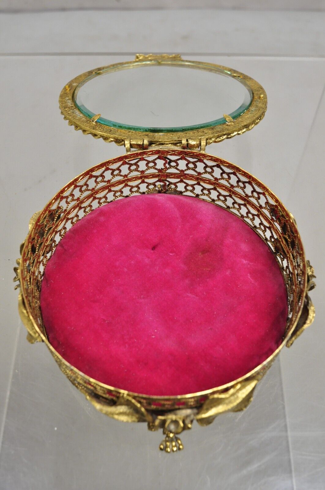 Vintage French Beveled Glass Gold Filigree Round Casket Jewelry Trinket Box