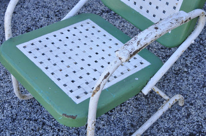 Art Deco Metal Basketweave Old Green White Porch Outdoor Spring Arm Chair