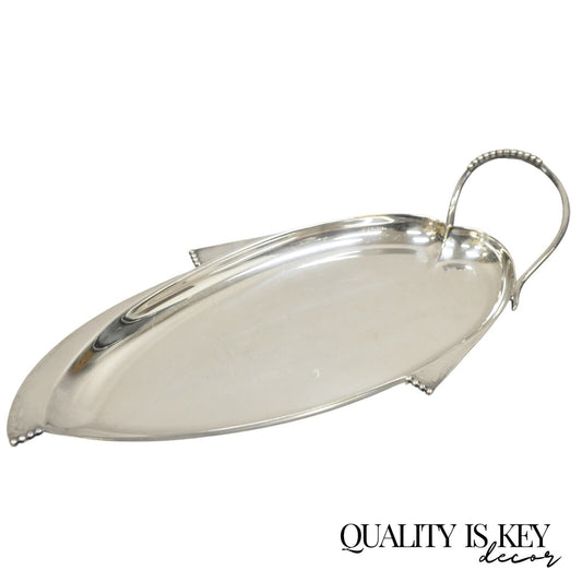 Vintage Mid Century Danish Modern Silver Plated Leaf Form Beaded Platter Tray