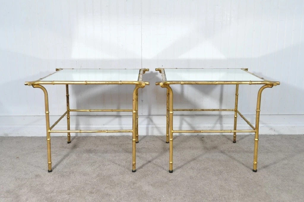 Vintage Italian Hollywood Regency Faux Bamboo Gold Mirror Low Side Tables - Pair