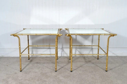 Vintage Italian Hollywood Regency Faux Bamboo Gold Mirror Low Side Tables - Pair