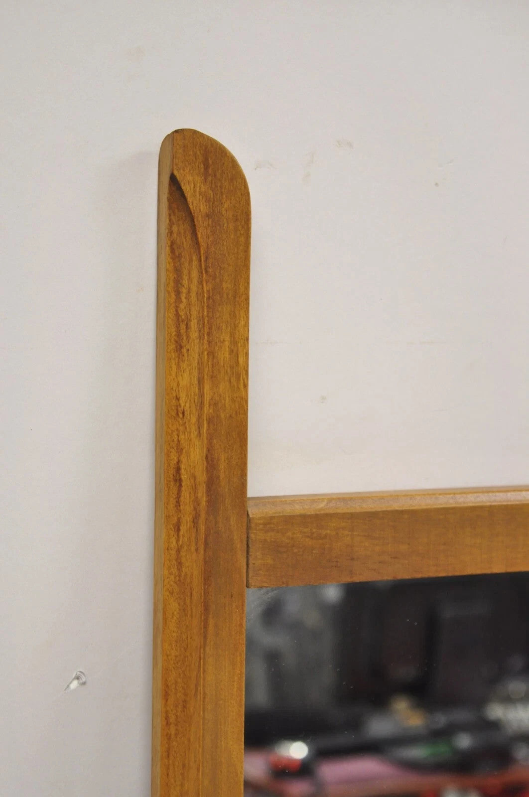Vintage Mid Century Modern Sculpted Walnut Finial Modernist Wall Mirror