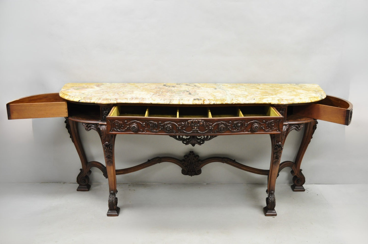 Antique French Baroque Rococo Carved Walnut Marble Top Sideboard Buffet w Drawer