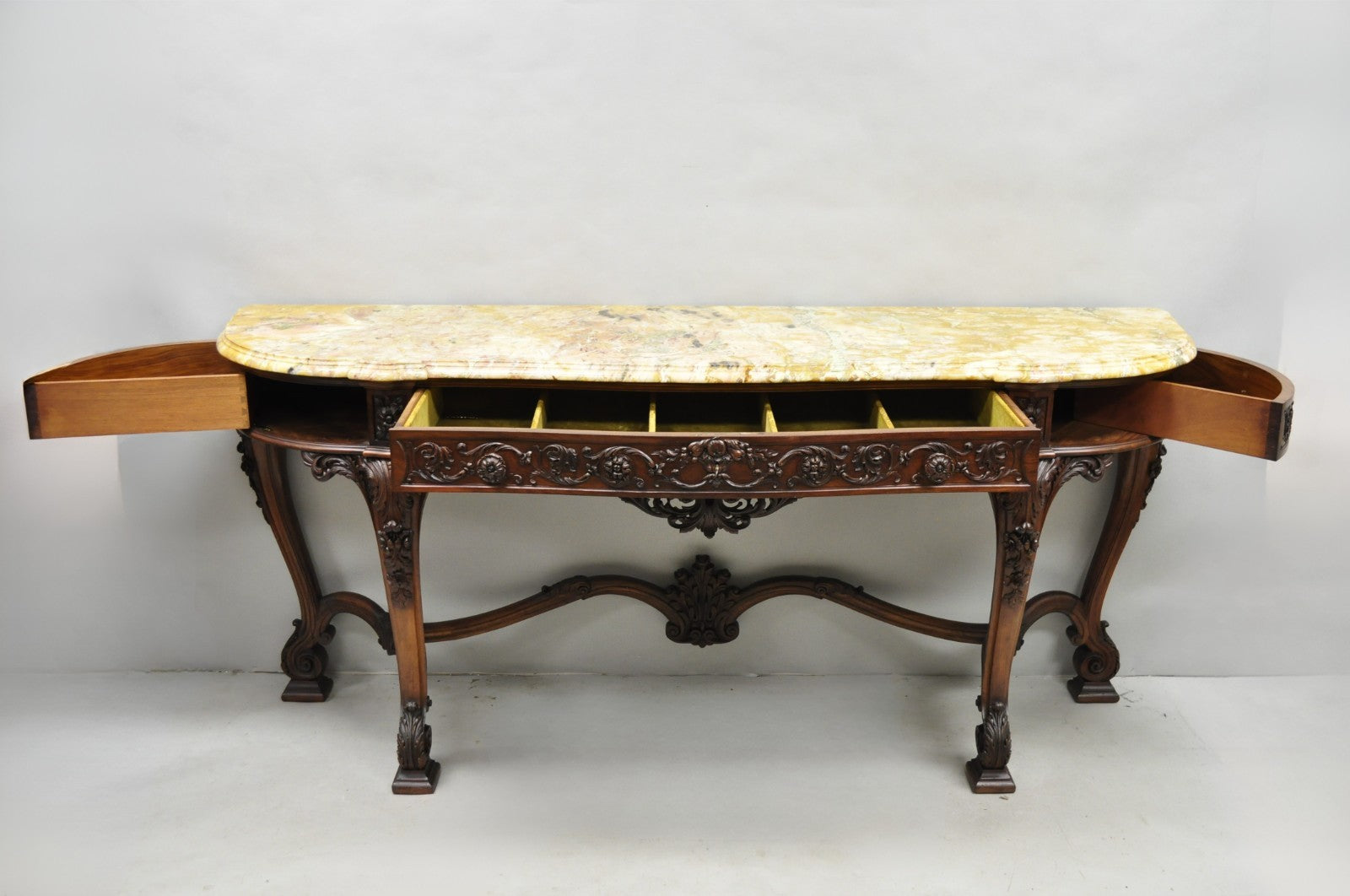 Antique French Baroque Rococo Carved Walnut Marble Top Sideboard Buffet w Drawer