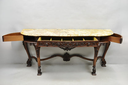 Antique French Baroque Rococo Carved Walnut Marble Top Sideboard Buffet w Drawer