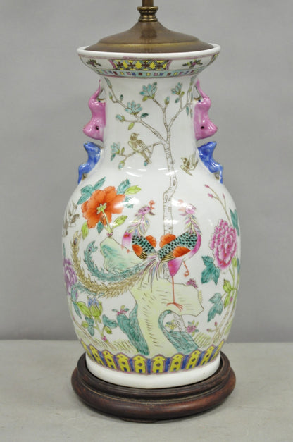 Vintage Oriental Porcelain Jardiniere Vase Bird and Flower Painted Table Lamp