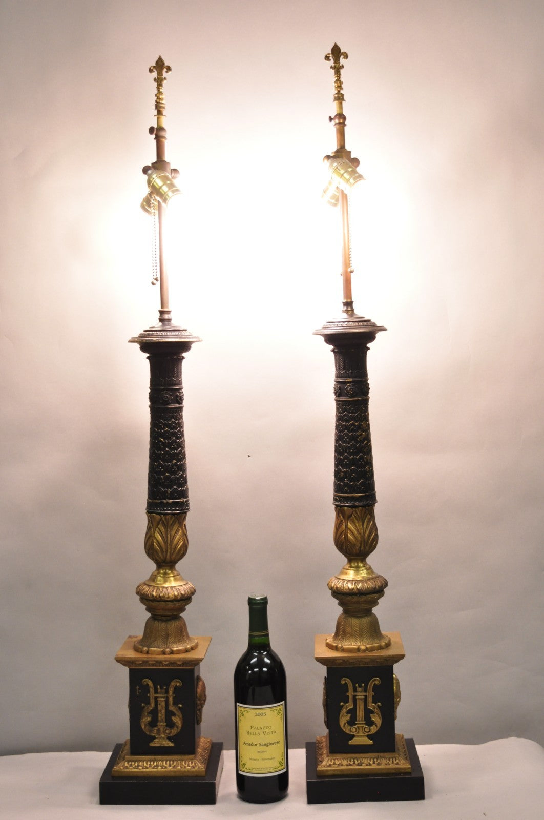 Antique French Empire Style Figural Black & Gold Tall Column Table Lamps - Pair