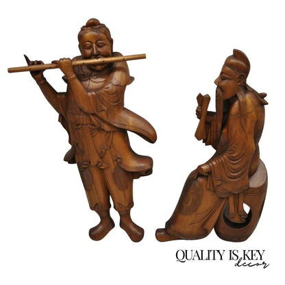 Vintage Ricardo Lynn Carved Teak Wood Oriental Figures Flute Player Wiseman Pair
