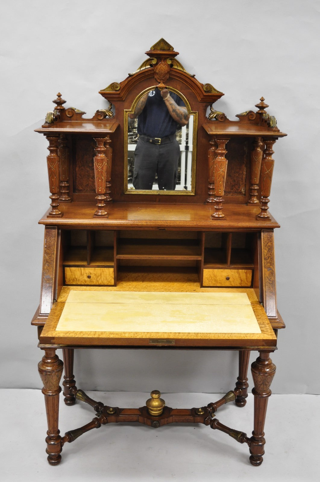 Antique Victorian Burl Walnut Slant Front Secretary Writing Desk with Mirror