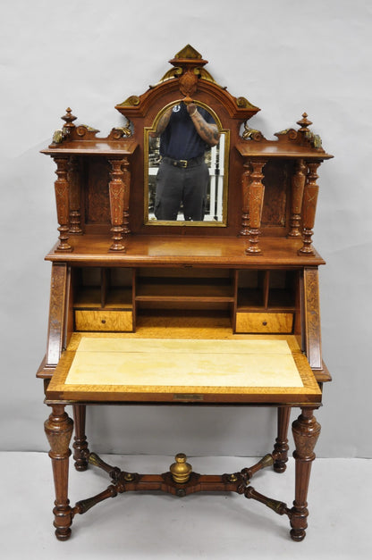 Antique Victorian Burl Walnut Slant Front Secretary Writing Desk with Mirror