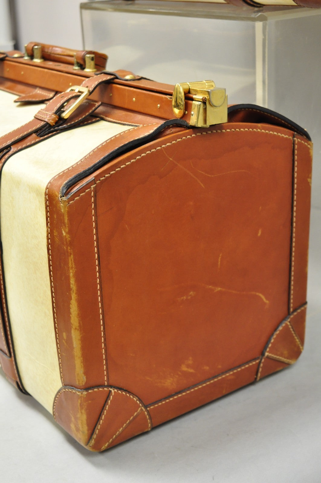 Vintage Dinoffer NY Italian Brown Leather & Vellum Parchment Gladstone Bag, Pair