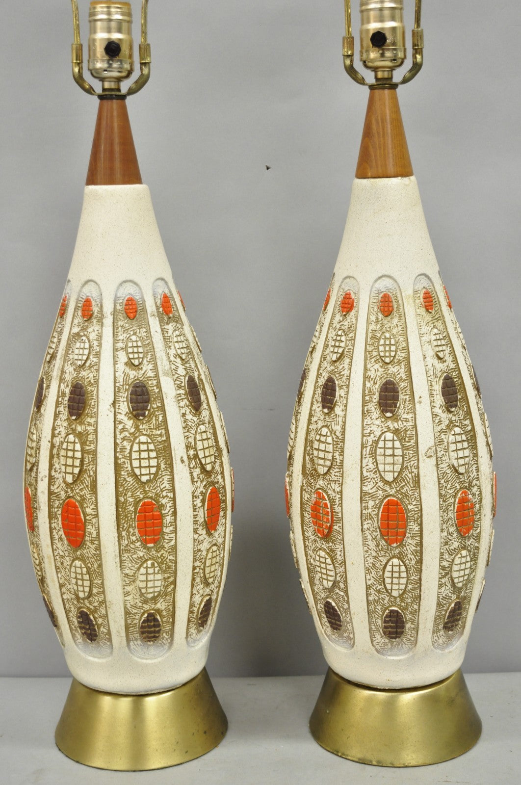 Vintage Mid Century Modern Ceramic Pottery Sculpted Teak Wood Table Lamps - Pair