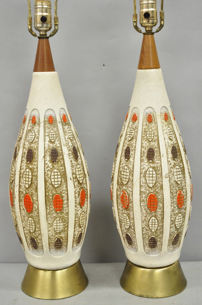 Vintage Mid Century Modern Ceramic Pottery Sculpted Teak Wood Table Lamps - Pair