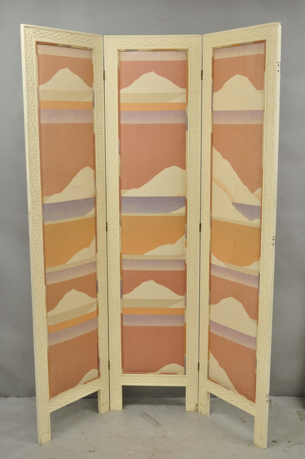 Vintage Oriental Fretwork Bone Lacquer Upholstered 6 Panel Room Divider Screen