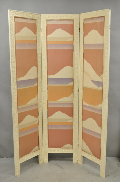 Vintage Oriental Fretwork Bone Lacquer Upholstered 6 Panel Room Divider Screen