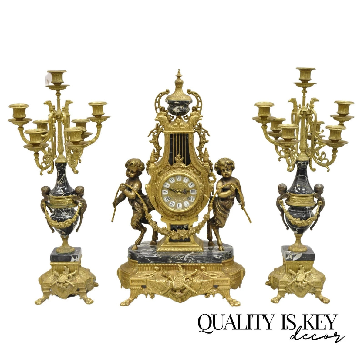 Vintage French Louis XV Style Brevettato Italy Brass & Marble Figural Clock Set