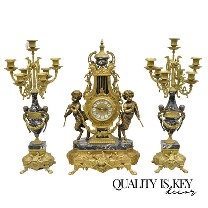 Vintage French Louis XV Style Brevettato Italy Brass & Marble Figural Clock Set