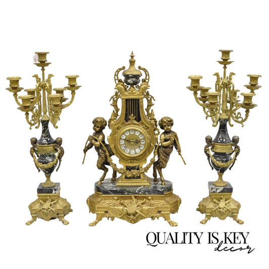 Vintage French Louis XV Style Brevettato Italy Brass & Marble Figural Clock Set