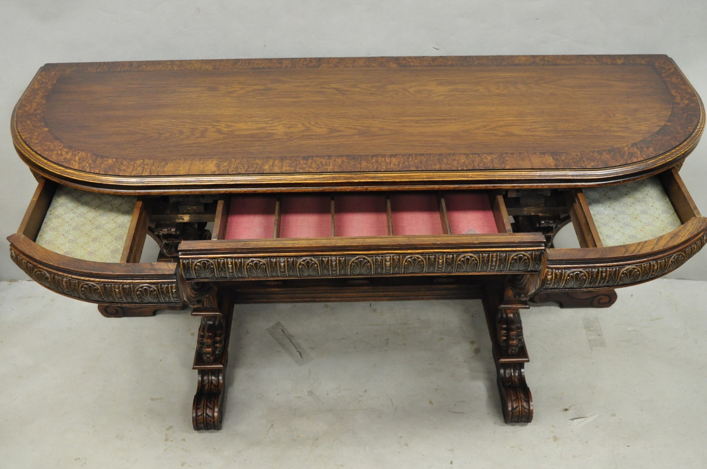 Antique Italian Renaissance Figural Carved Griffin Oak Flip Top Library Table