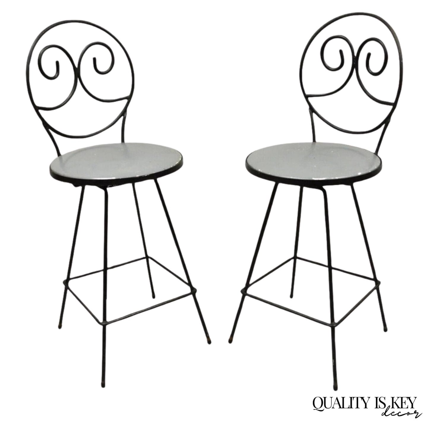 Mid Century Modern Arthur Umanoff Wrought Iron Swivel Counter Bar Stool Pair