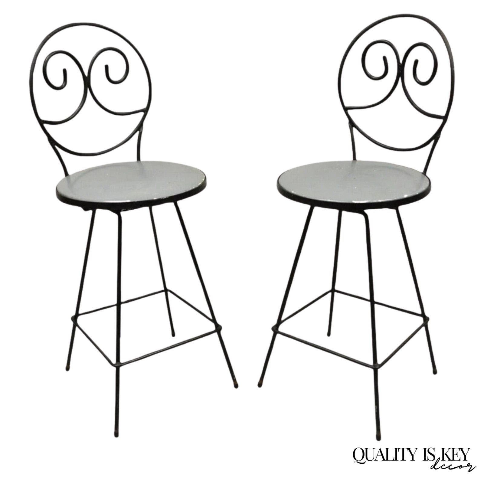 Mid Century Modern Arthur Umanoff Wrought Iron Swivel Counter Bar Stool Pair