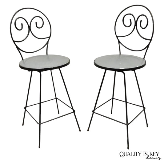 Mid Century Modern Arthur Umanoff Wrought Iron Swivel Counter Bar Stool Pair