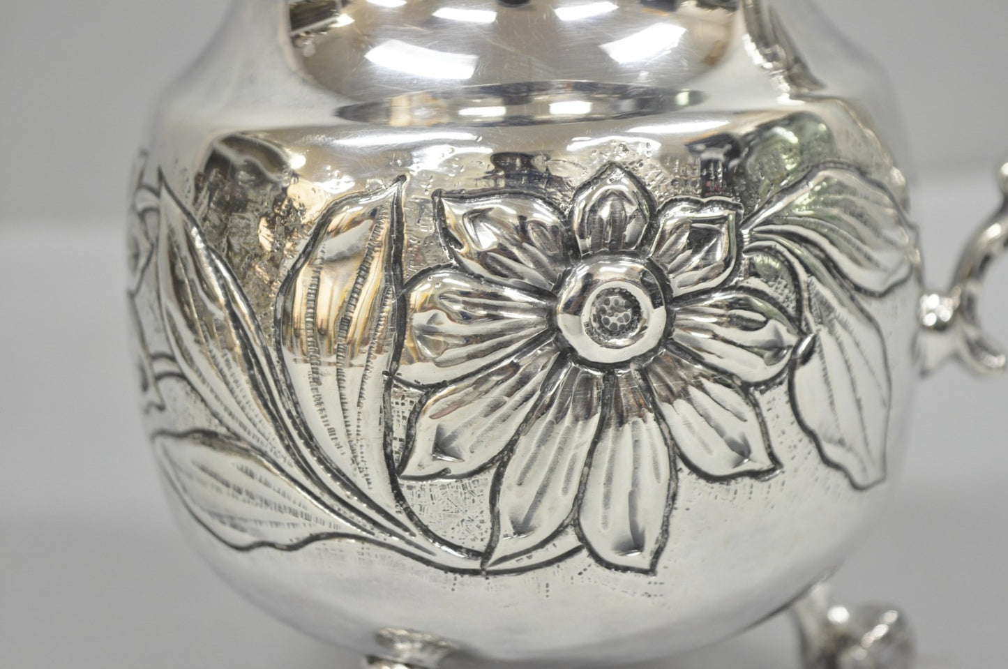 Vintage Art Nouveau Floral Repousse Silver Plated Footed Water Pitcher