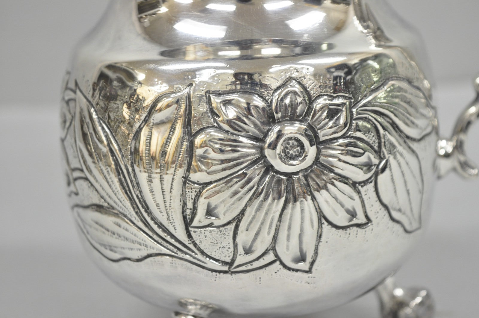 Vintage Art Nouveau Floral Repousse Silver Plated Footed Water Pitcher