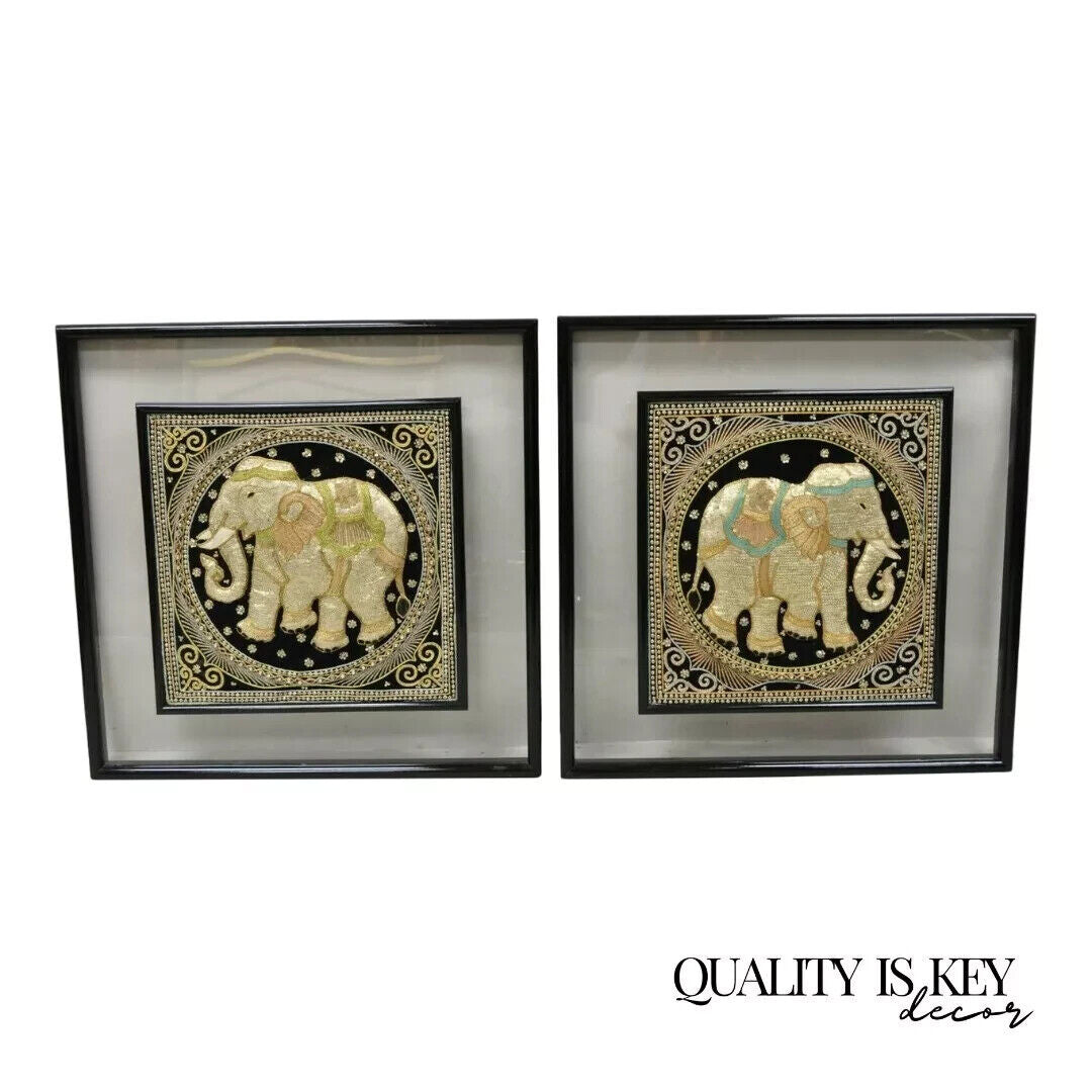 Framed Beaded Embroidered Elephant Padded Tapestry Indian Wall Art - a Pair