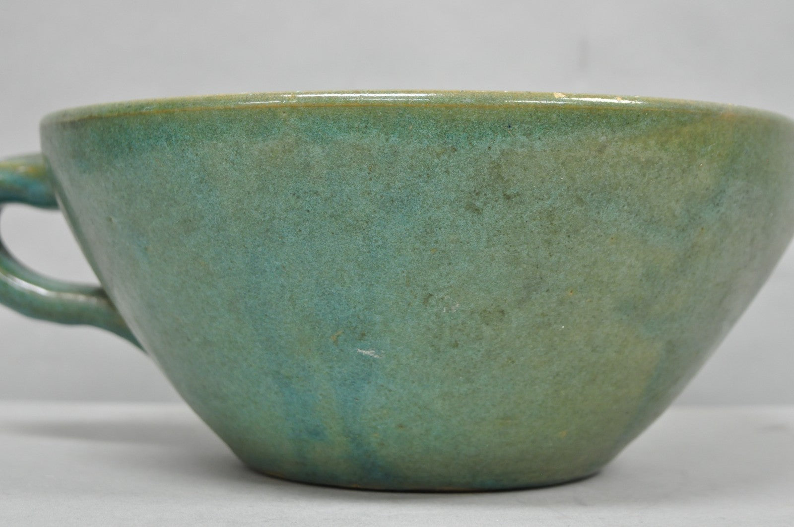 Vintage Primitive Green Glazed Ceramic Pottery Large Mixing Bowl w Handle