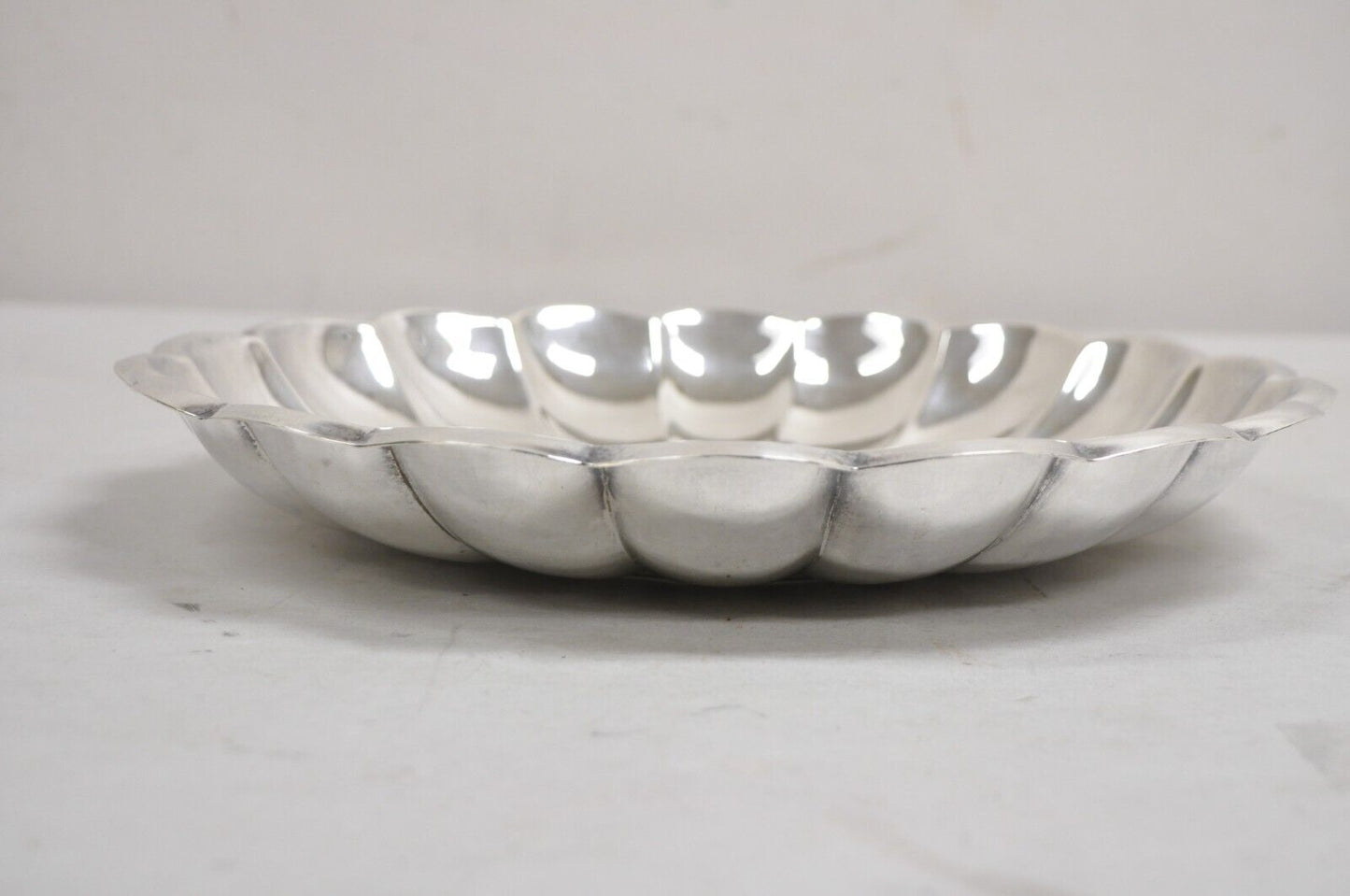 Vintage Modernist 13" Round Silver Plated Scalloped Edge Centerpiece Fruit Bowl