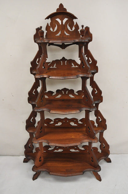 Antique Eastlake Victorian Carved Walnut 5 Tier Etagere Curio Whatnot Stand