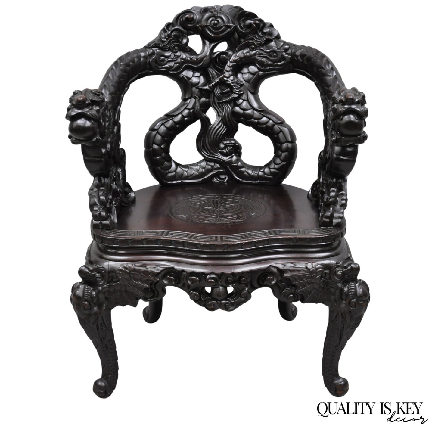Antique Japanese Dragon Carved Wood Export Oriental Palace Lounge Arm Chair
