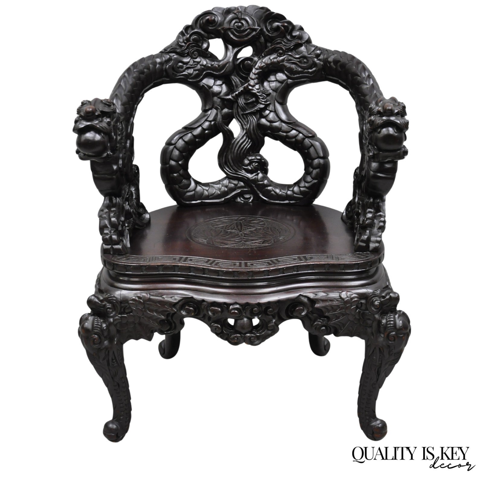 Antique Japanese Dragon Carved Wood Export Oriental Palace Lounge Arm Chair