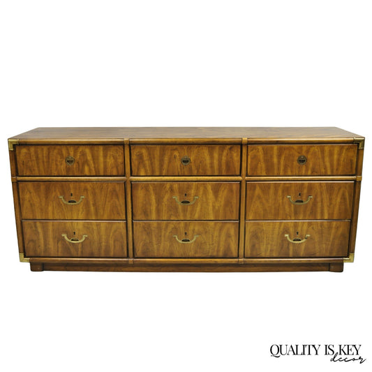 Vintage Drexel Accolade Campaign Style Pecan 9 Drawer Credenza Dresser Chest