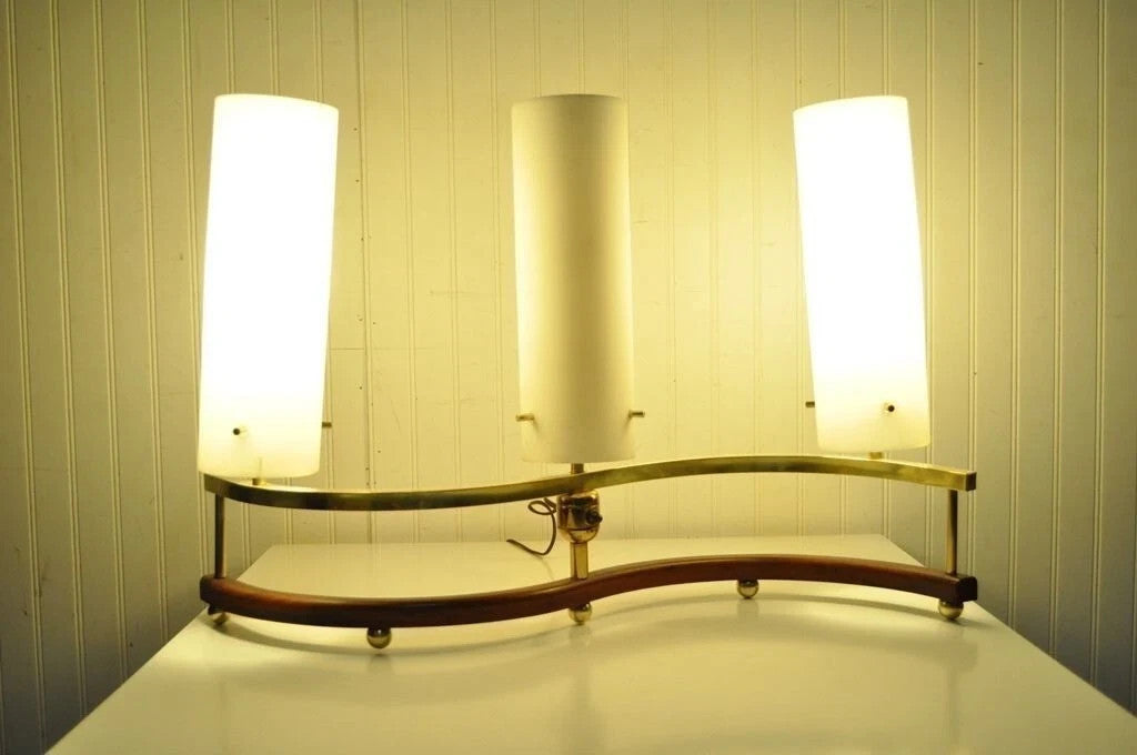 Vintage Mid Century Modern Stilnovo Brass Walnut & Glass Sculptural Table Lamp