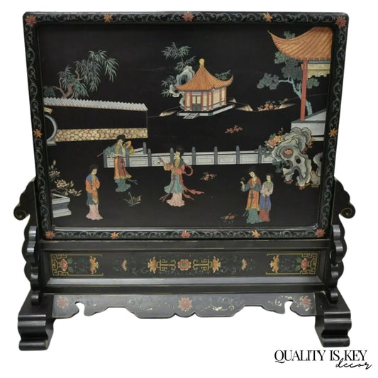 Vintage Chinese Black Lacquer Oriental Fireplace Screen Fire Screen Divider
