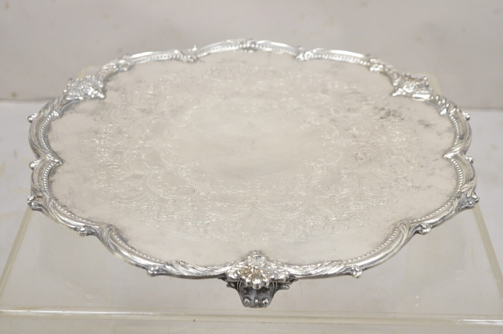 Vintage Victorian Silver Plated Round Scalloped Edge Dish Serving Platter Tray