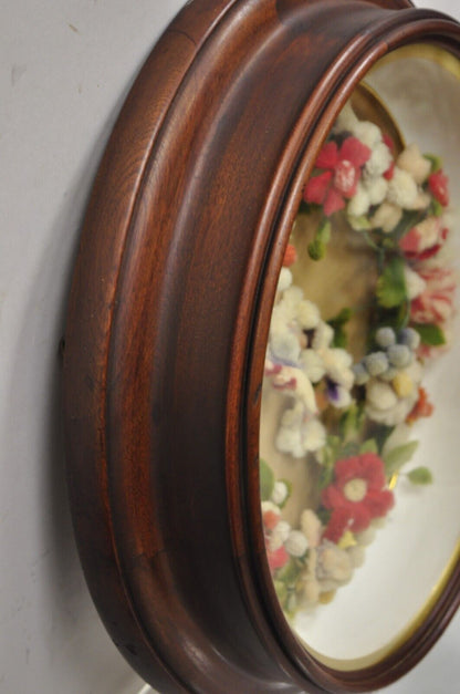 Victorian Oval Mahogany Shadow Box Frame Felt Cotton Flower Mourning Wreath