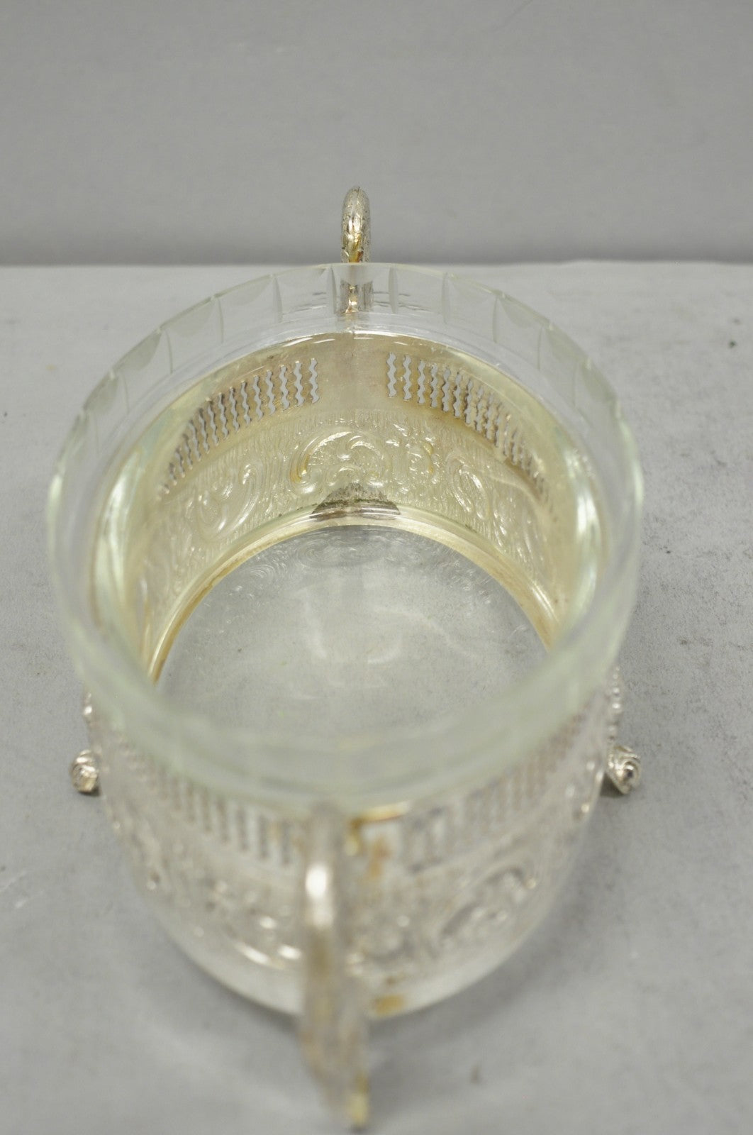 Vintage Italian Regency Silver Plated Dolphin Handle Glass Candy Dish Jardiniere