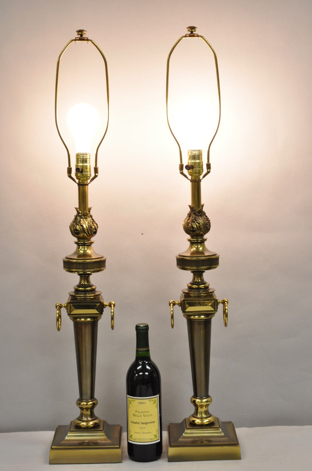 Vintage Stiffel French Neoclassical Style Flame Torch Brass Table Lamps - a Pair