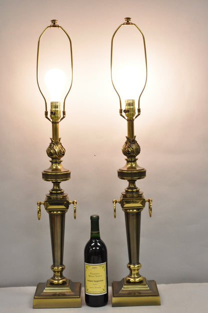 Vintage Stiffel French Neoclassical Style Flame Torch Brass Table Lamps - a Pair